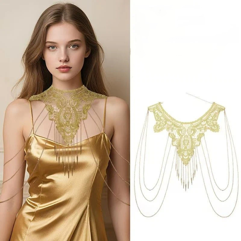 Body Jewelry Necklace - Gold Lace Trim Multi-Layer Fashionable Tassel