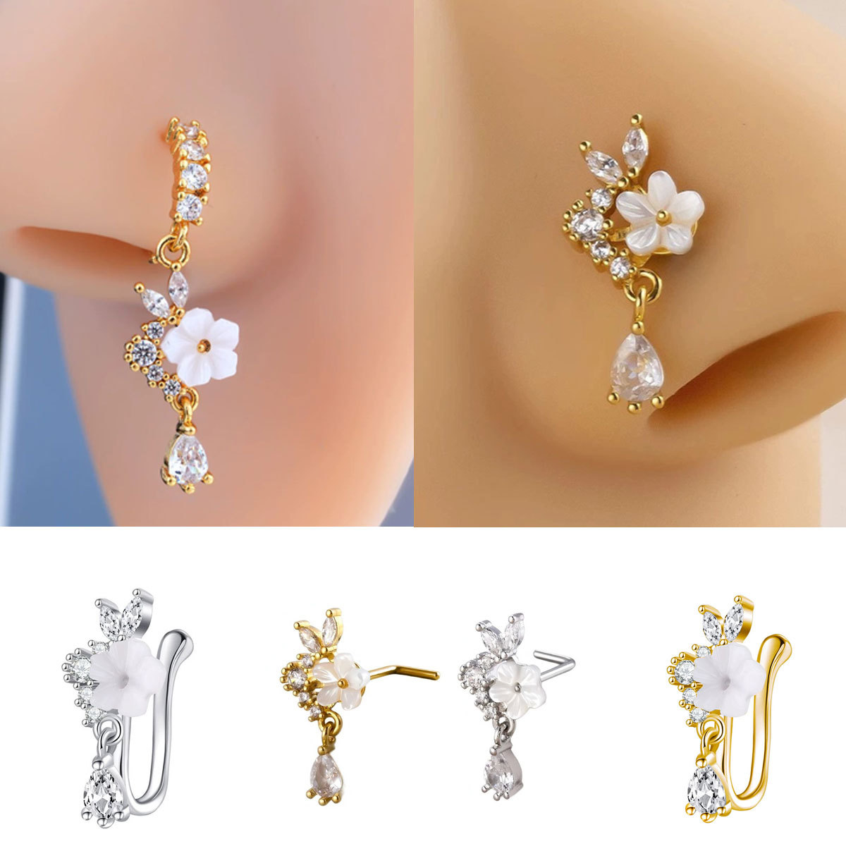 Gold Flower Nose Ring with Dan - Body Jewelry Surgical Steel 评论和价格