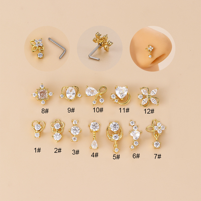 20G L-Shaped Cubic Zircon Nose - Body Jewelry Surgical Steel 评论和价格